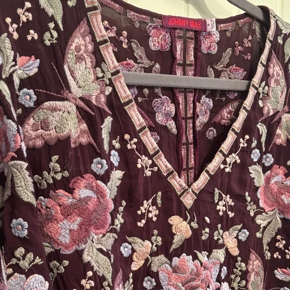 Johnny Was Women's Burgundy and Pink Floral Blouse - Picture 2 of 4